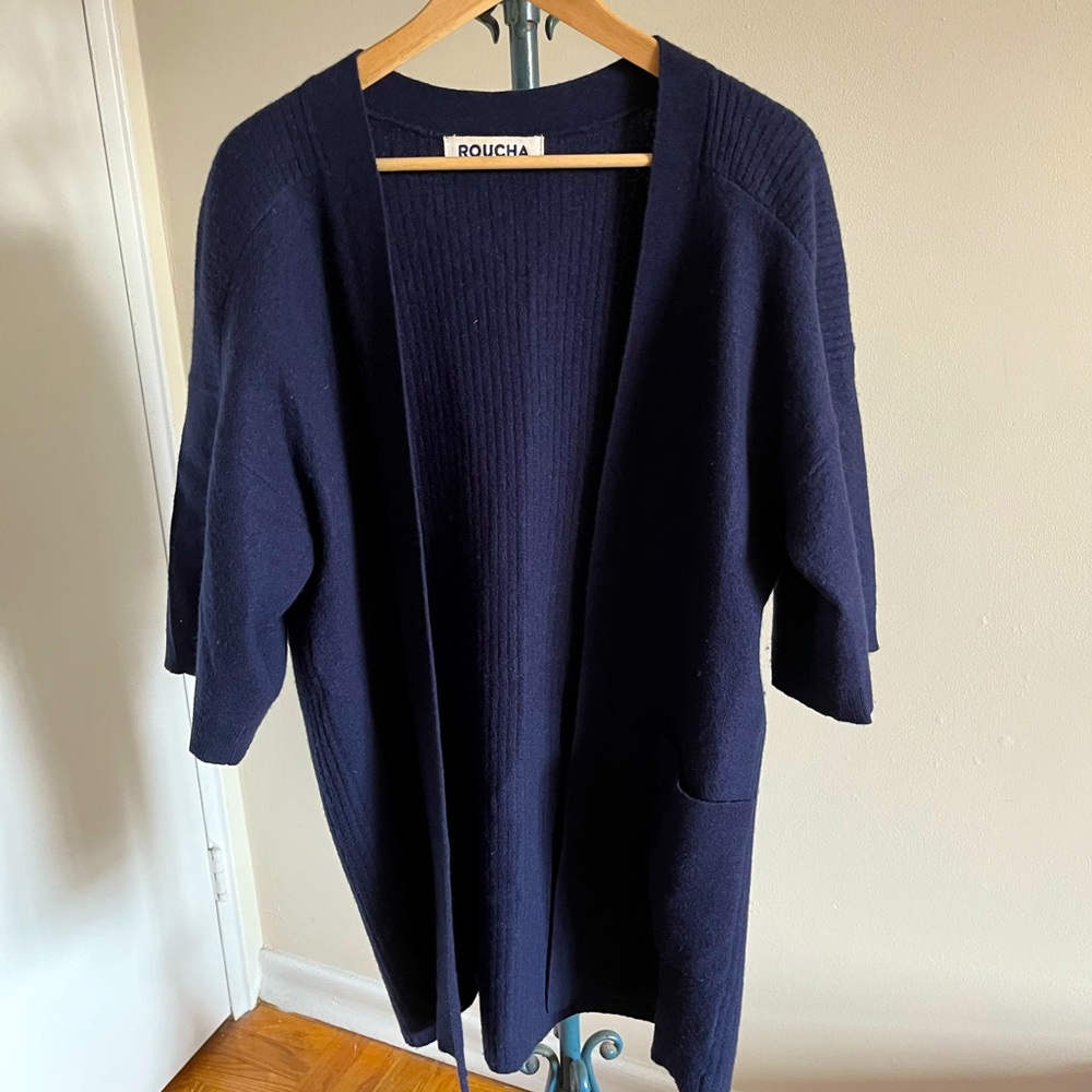 Just in time for Fall! Gorgeous navy wool open cardigan by ROUCHA, size C- 10-14